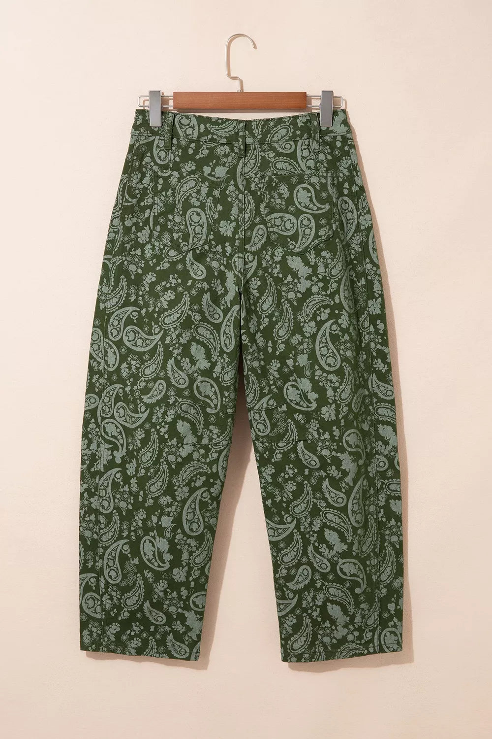 Green paisley print harem denim pants, front product view