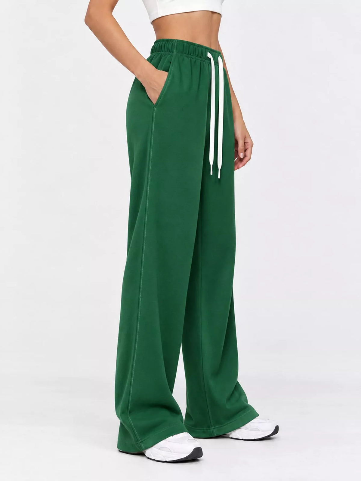 Forest green wide-leg pants with drawstring