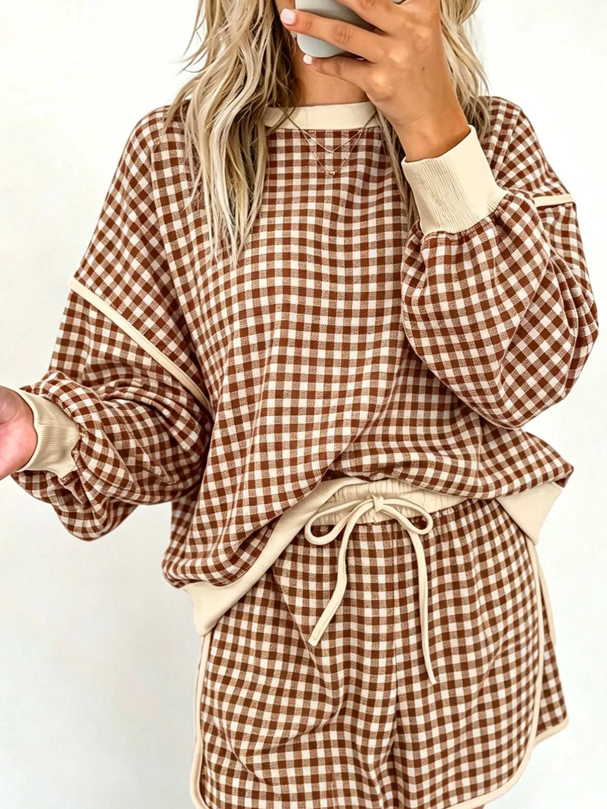 Plaid Long Sleeve Top and Shorts Set in brown, front view