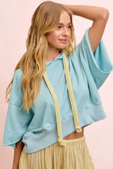 Trendsi BiBi Washed Terry Short Sleeve Drawstring Hoodie Top -