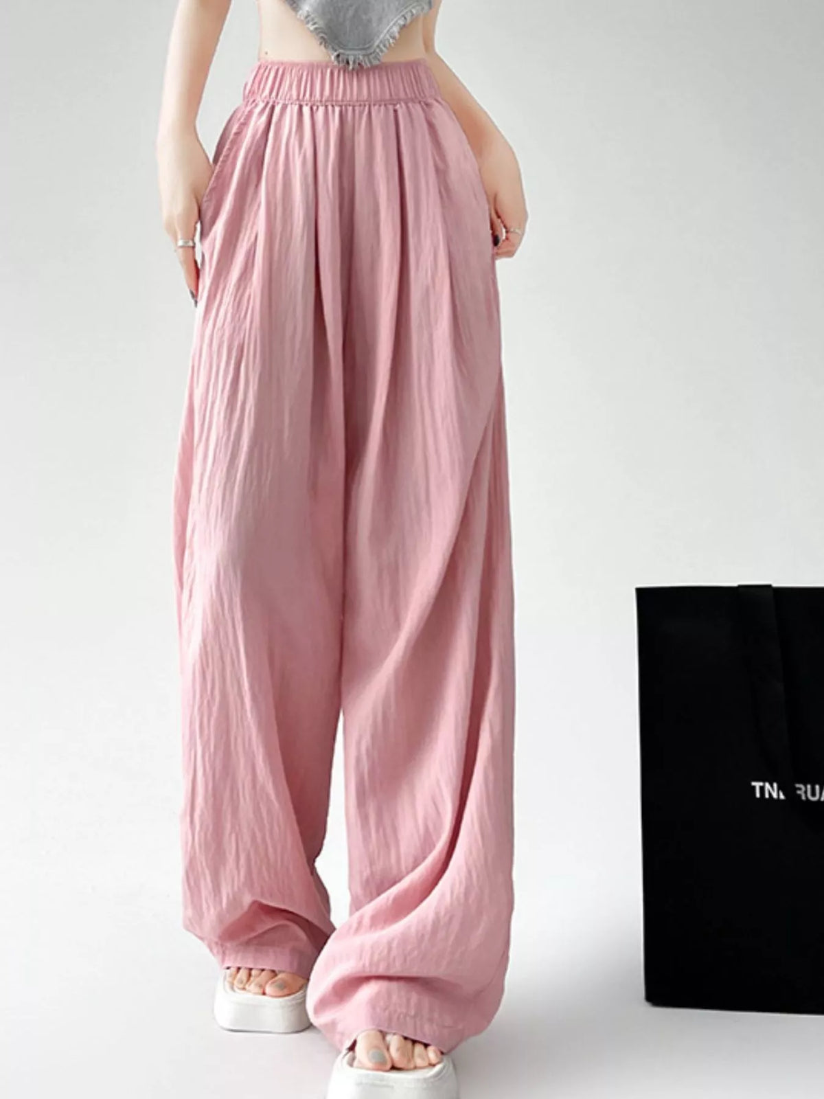Women's High-Waisted Loose Fit Wide-Leg Casual Pants in pink — front view