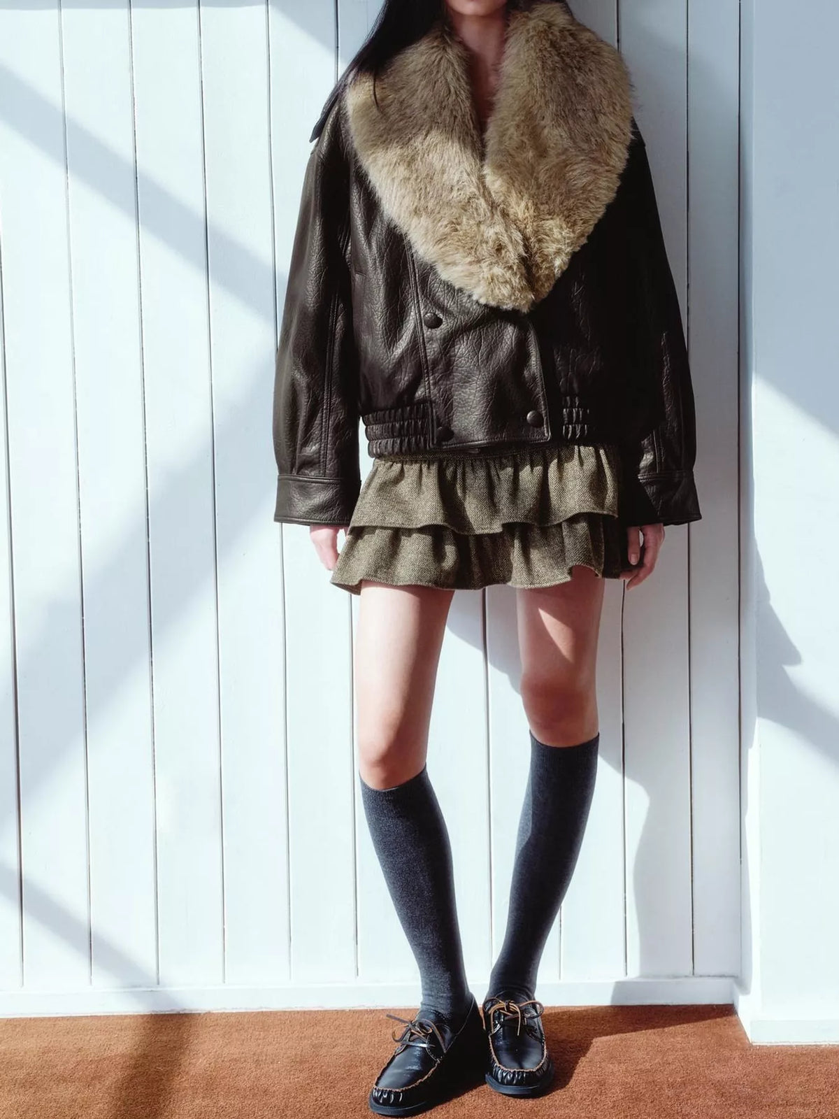 Faux Fur Collar Faux Leather Bomber Jacket in coffee, front view