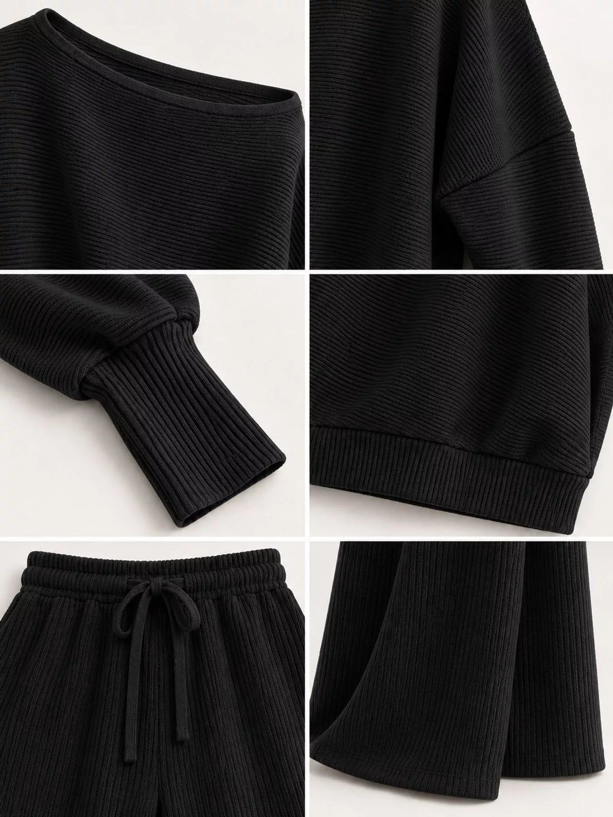 Asymmetric neck long sleeve outfit set, construction and design details