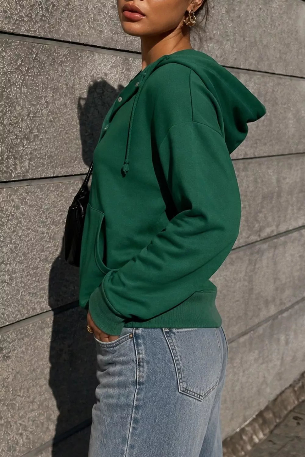 Women's Half Snap Kangaroo Pocket Hoodie in Dark Green, detail view