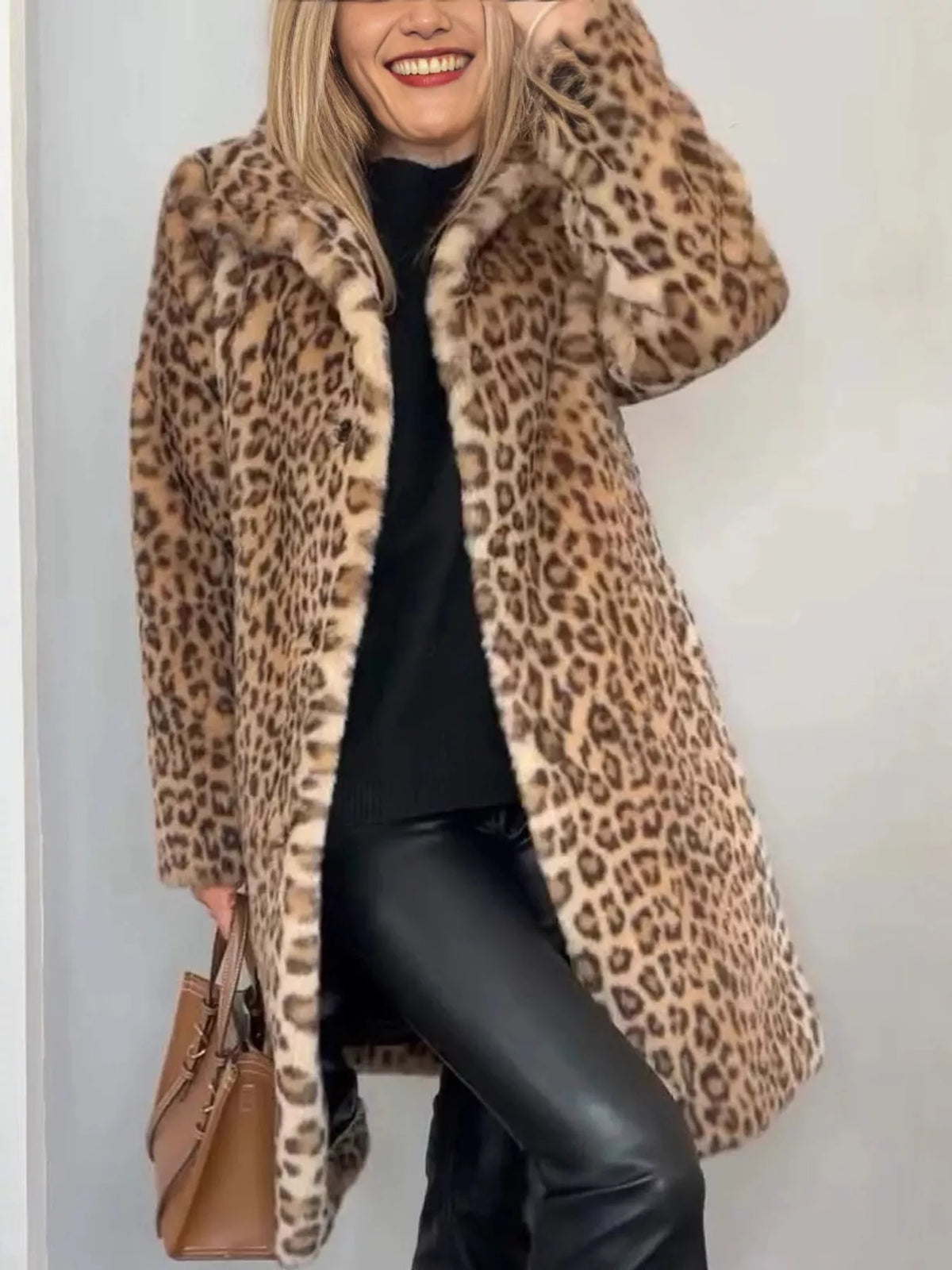 Open Front Leopard Print Faux Fur Jacket — front view