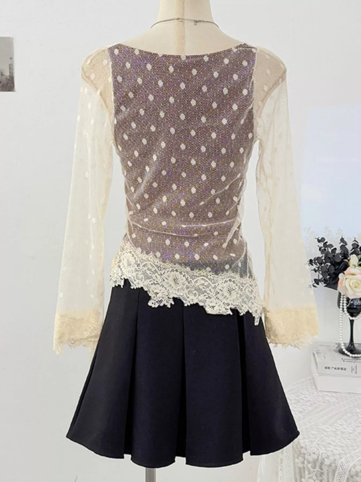 Vintage Lace Contrast Blouse with Polka Dot Mesh Sleeves, back view in brown and cream