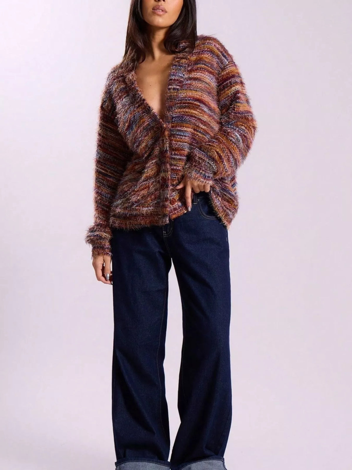Fuzzy Knit V-Neck Button-Down Cardigan — front view