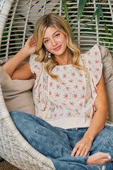 Trendsi BiBi Flower Printed Ruffle Sleeve Trim Detail Top -