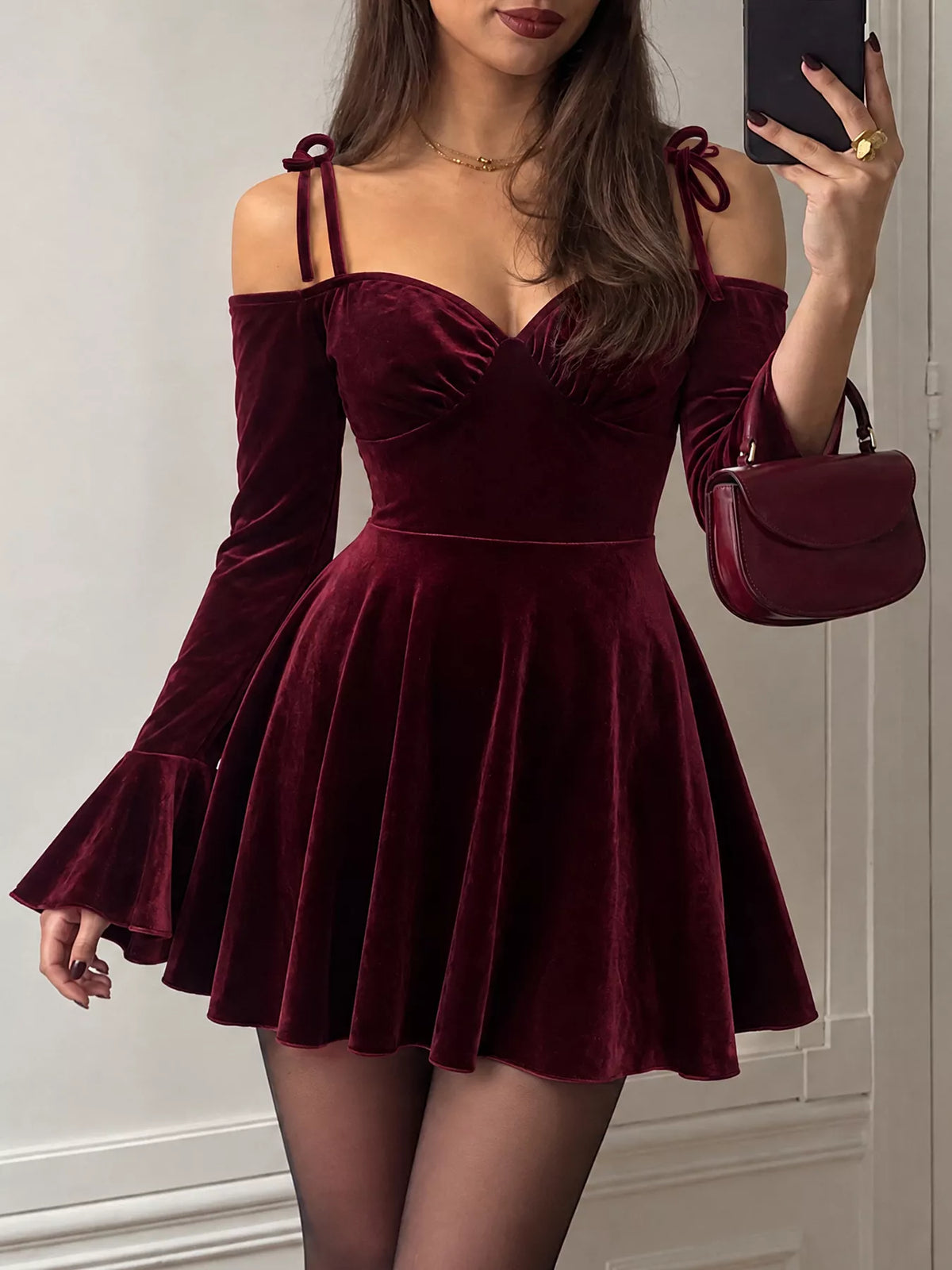 Velvet Tie-Shoulder Bell Sleeve Mini Dress — front view
