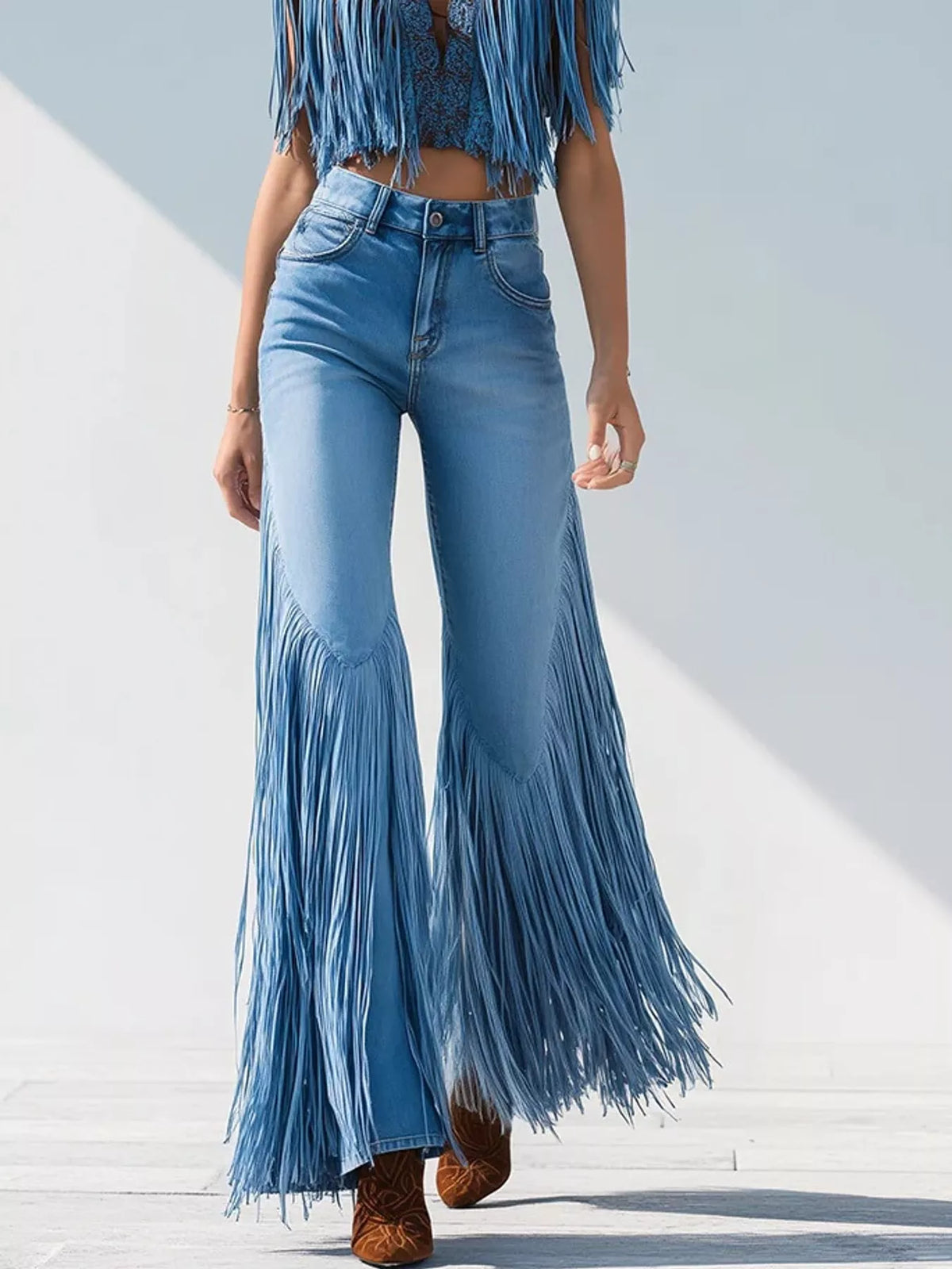 High-Waisted Fringe Flare Jeans in blue, front view