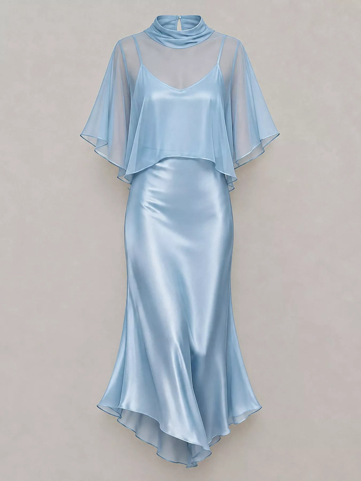 Light blue satin cami dress and sheer cover up set — front view