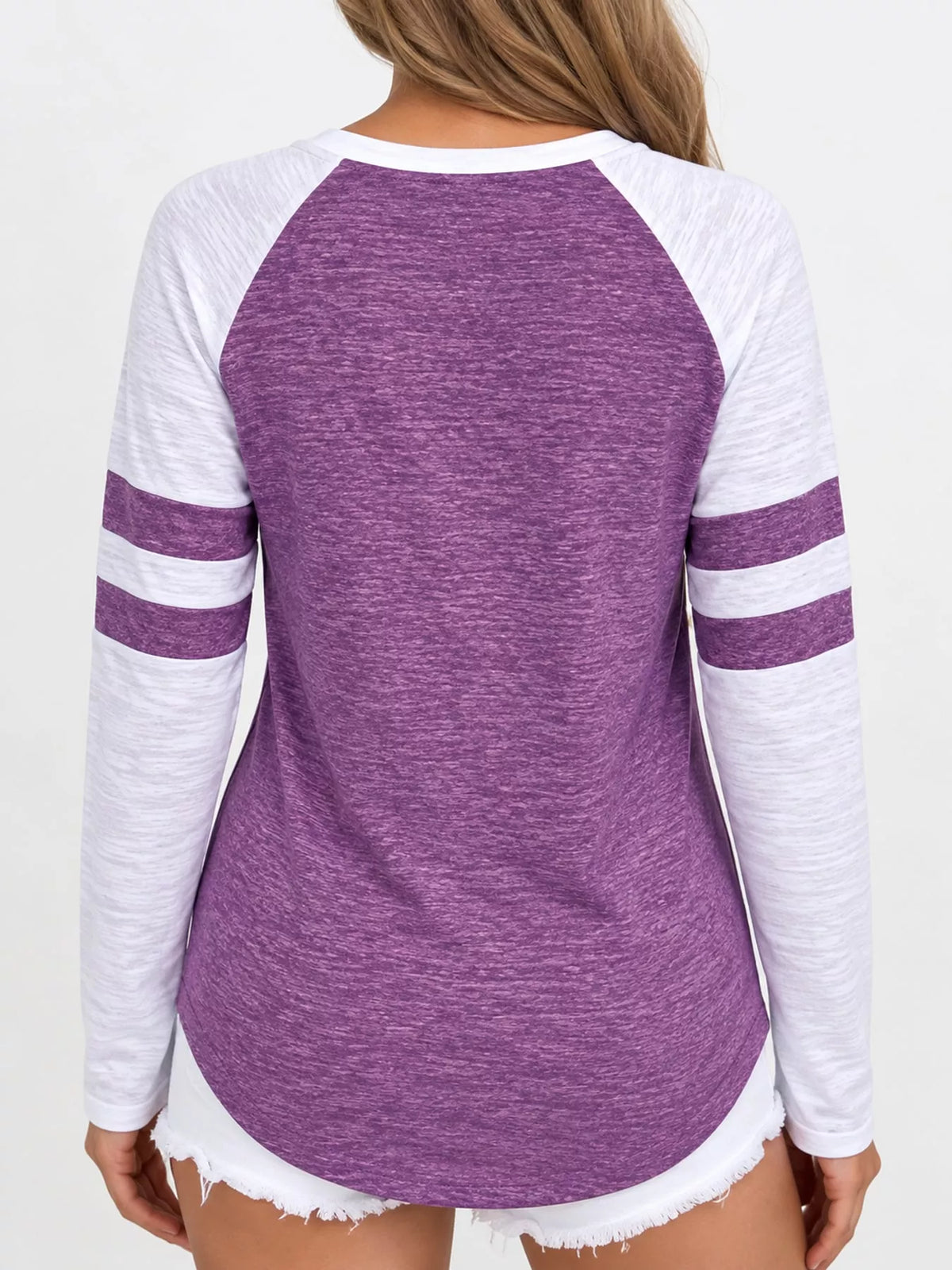 Purple color-block raglan sleeve striped t-shirt, back view