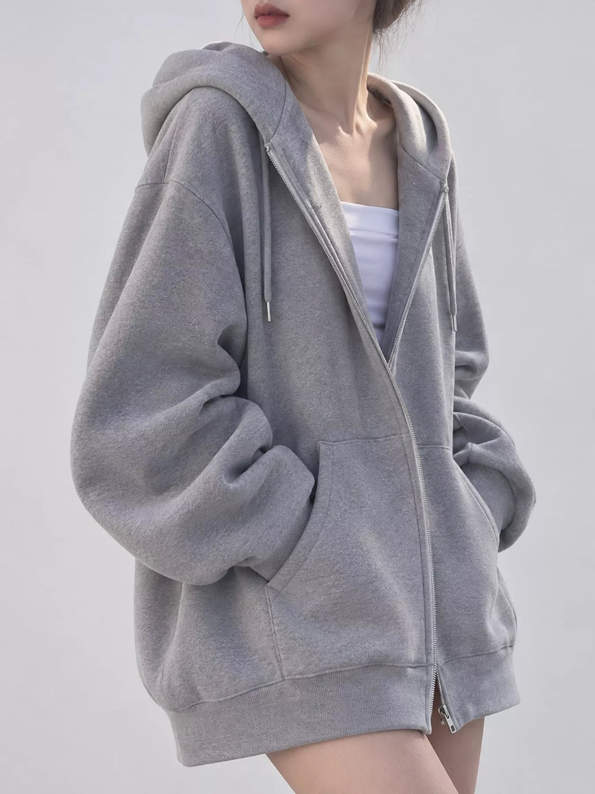 Zip-up hoodie, gray side