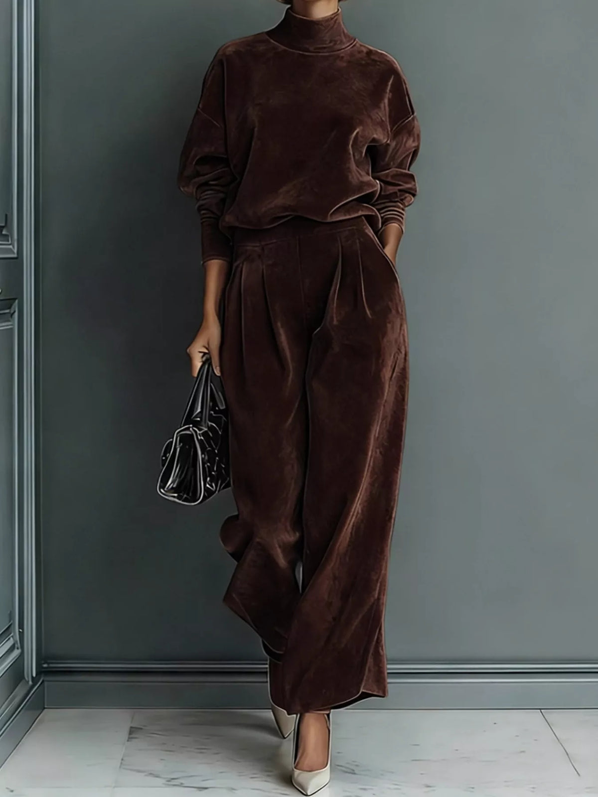 Brown velvet mock neck top and wide-leg pants set