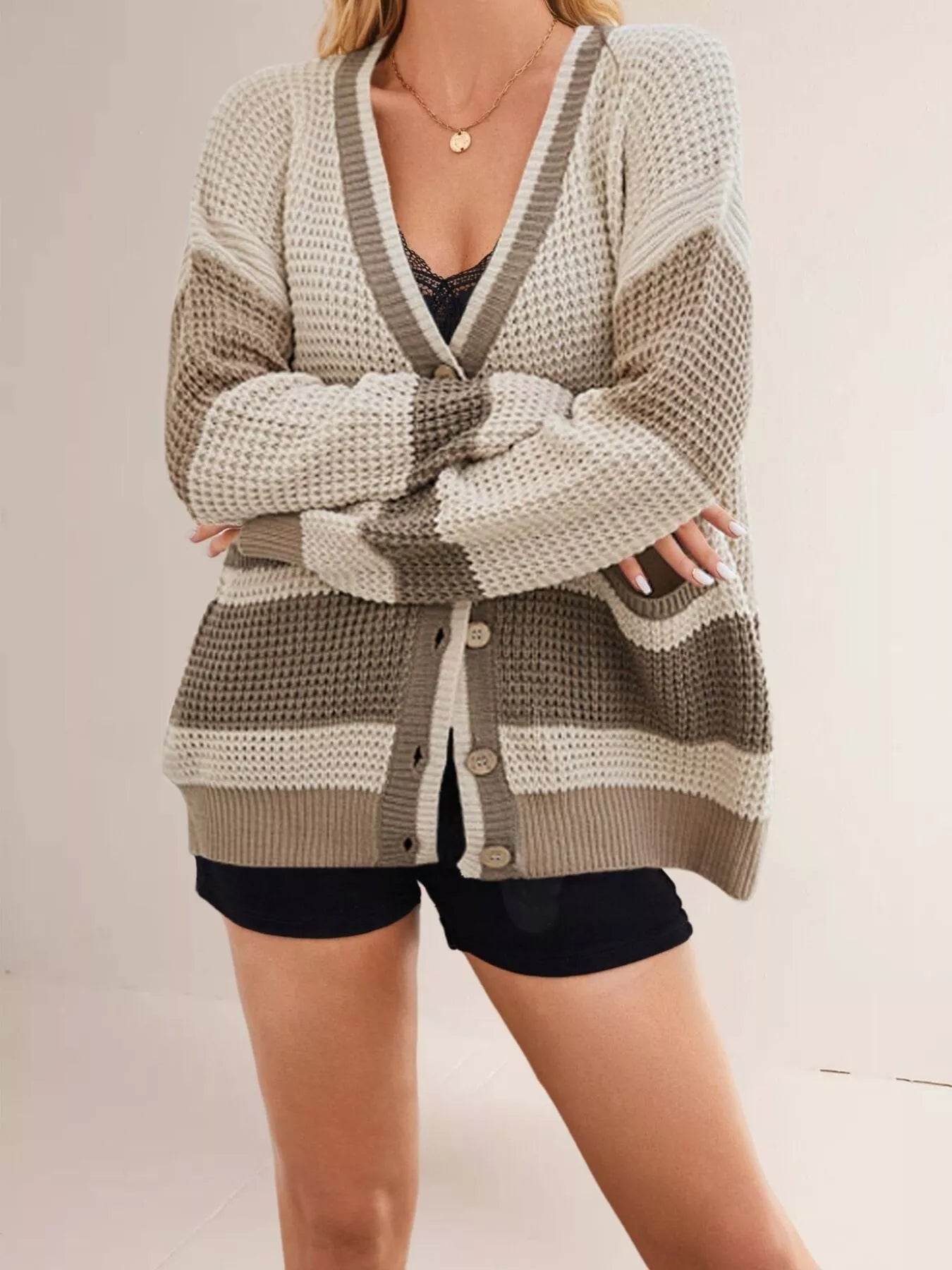 Trendsi Color Block V-Neck Cardigan -