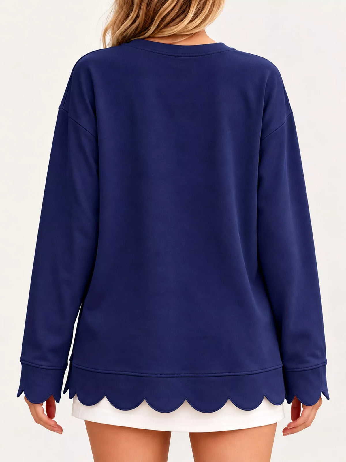 Navy Blue scalloped hem crewneck sweatshirt, back view