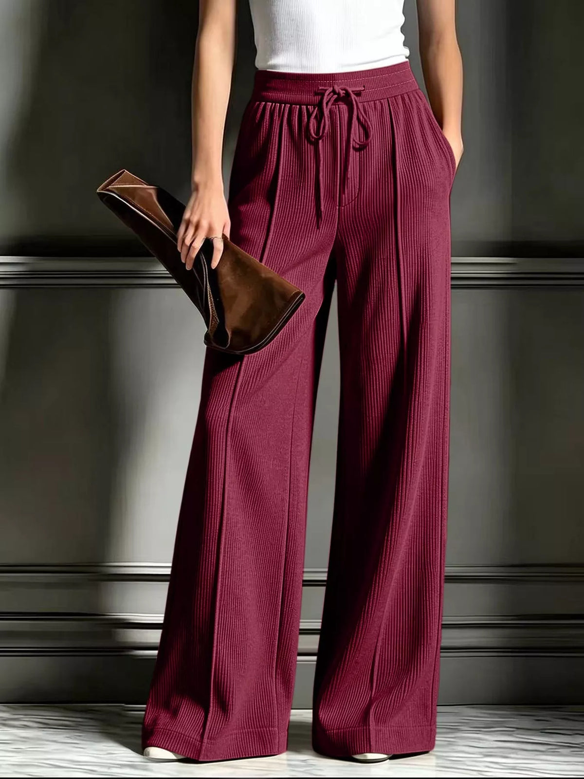 Burgundy wide-leg ribbed corduroy pants