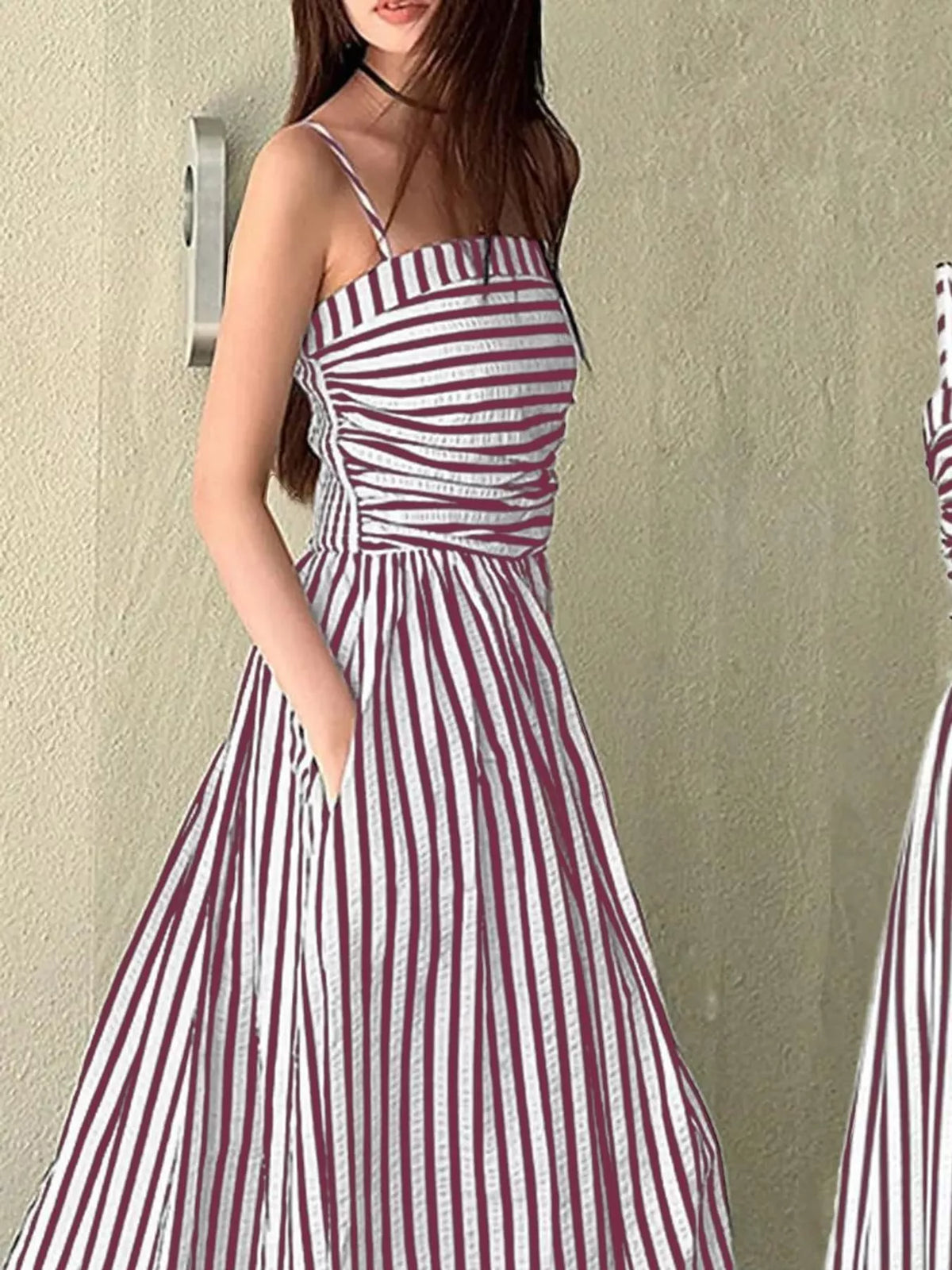 Burgundy and white striped spaghetti strap maxi dress with gathered bodice and pockets