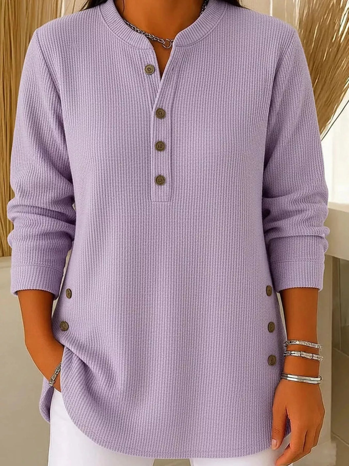 Women's Button Detail Corduroy Top in Light Purple, front view