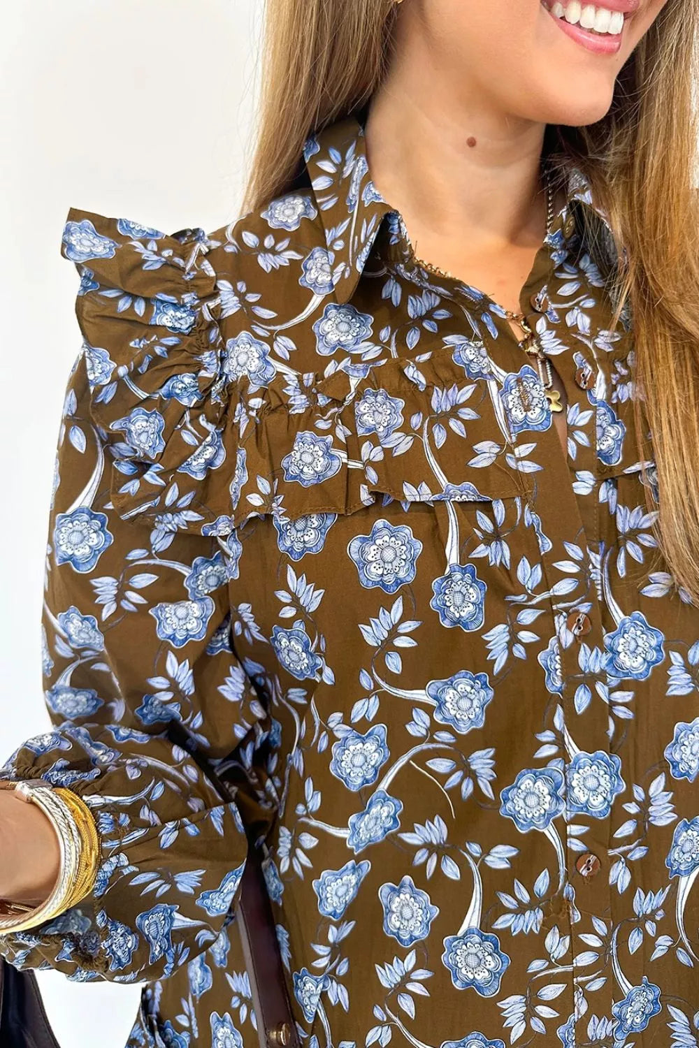 Trendsi Floral Print Ruffled Detail Shirt Collar Button Down Long Sleeve Dress -