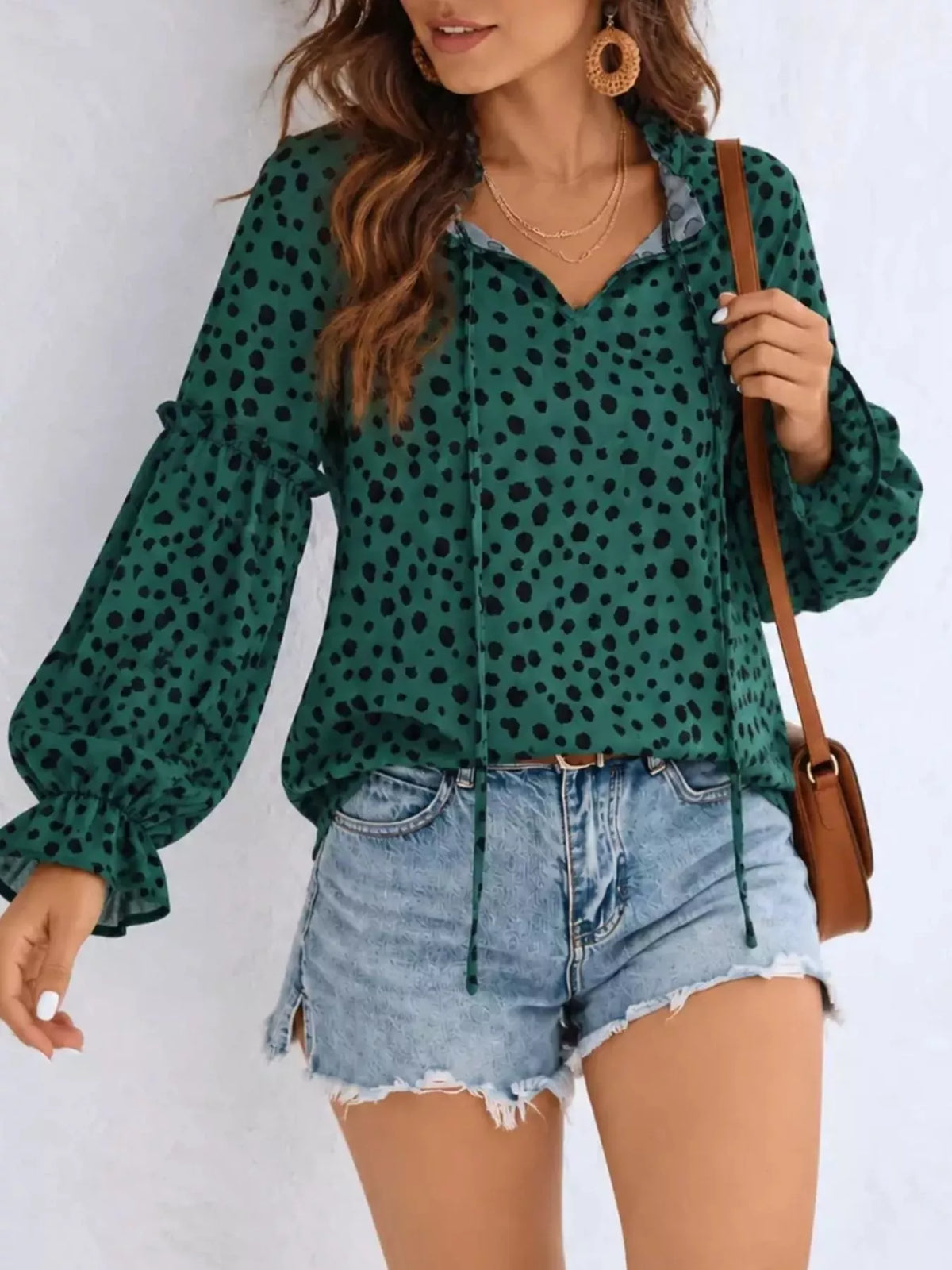 Polka Dot Tie Neck Long Sleeve Blouse in dark green