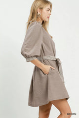 Trendsi Umgee Textured Contrast Trim Tie Waist Mini Dress -