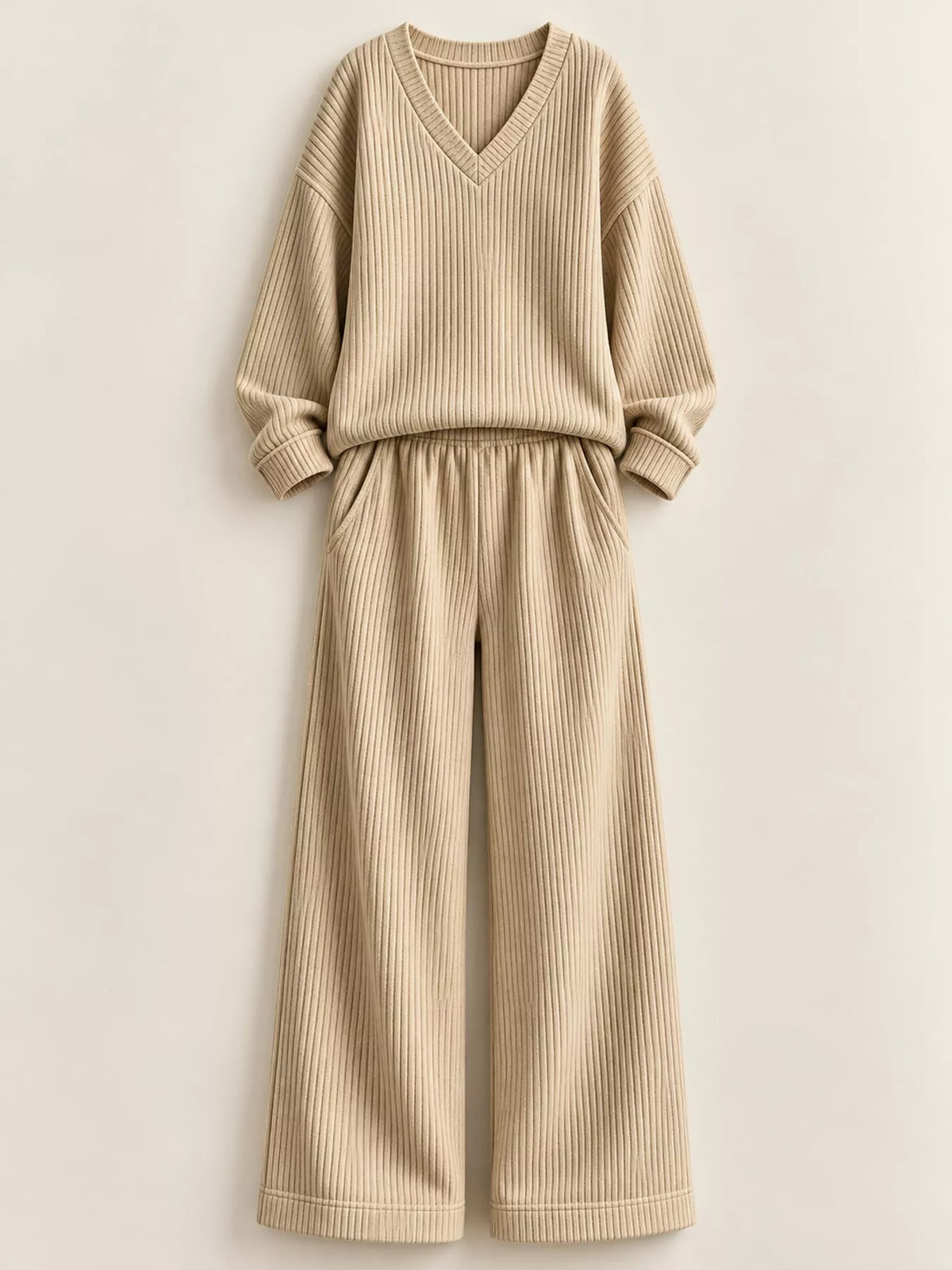 Beige corduroy v-neck top and pants set — front view