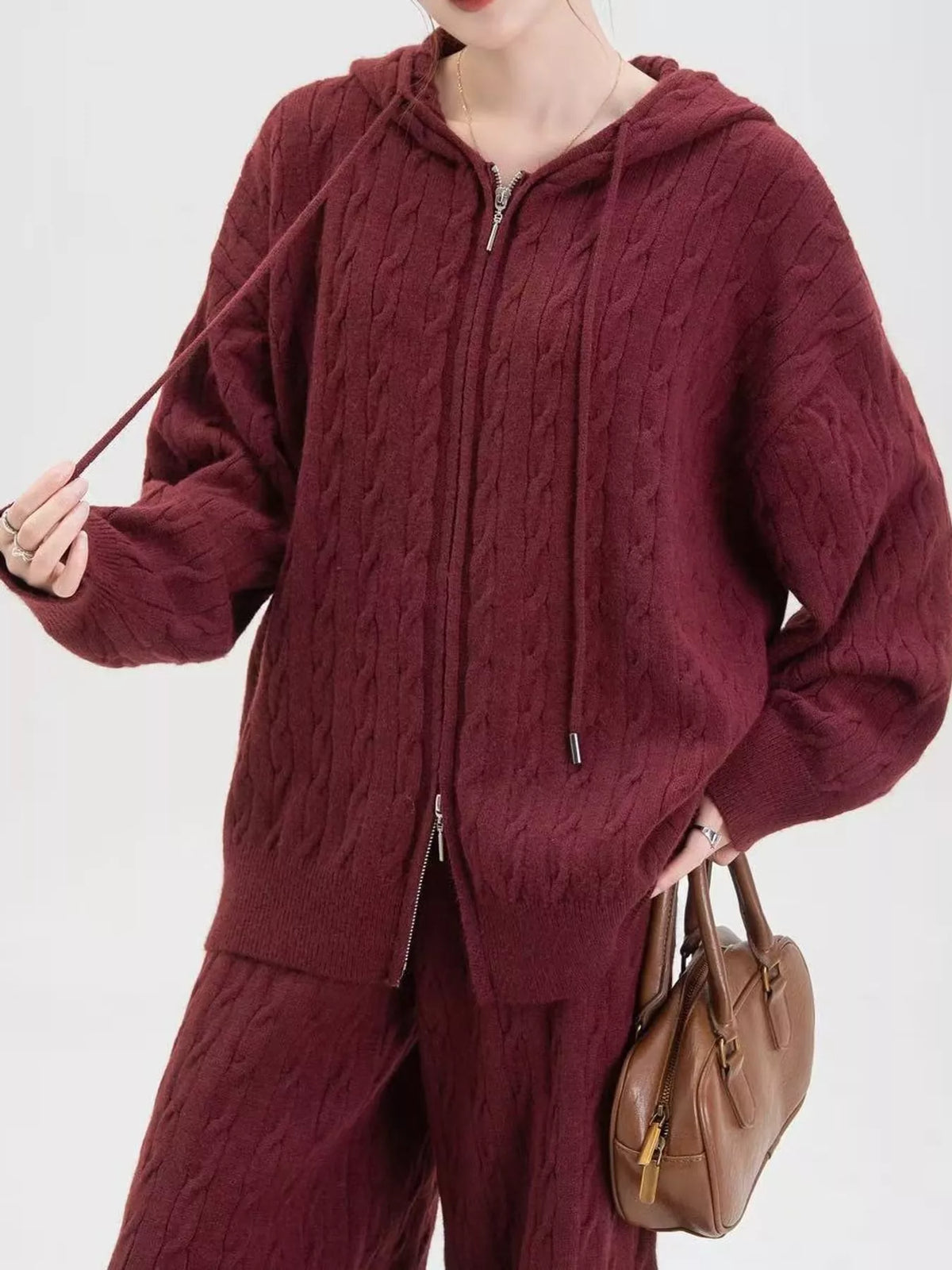 Cable-knit cardigan and pants set, burgundy knit detail