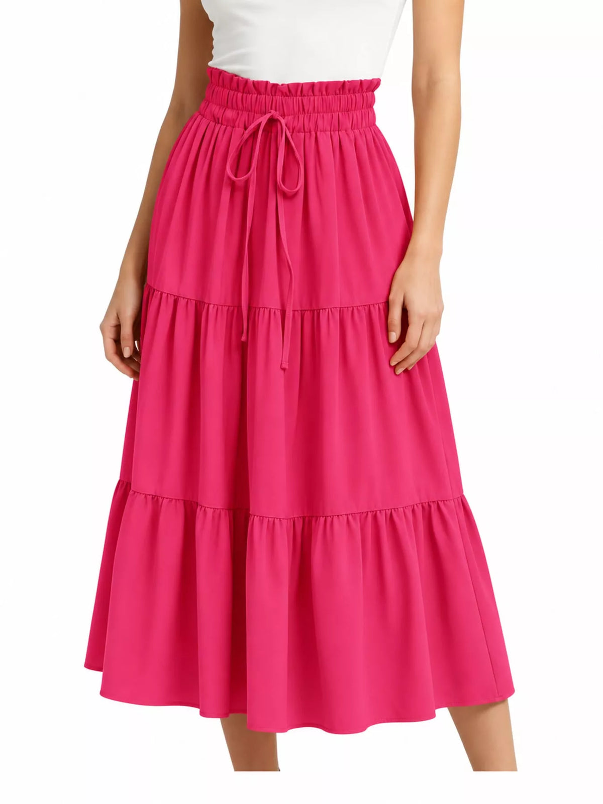 Pink drawstring tiered skirt — front view
