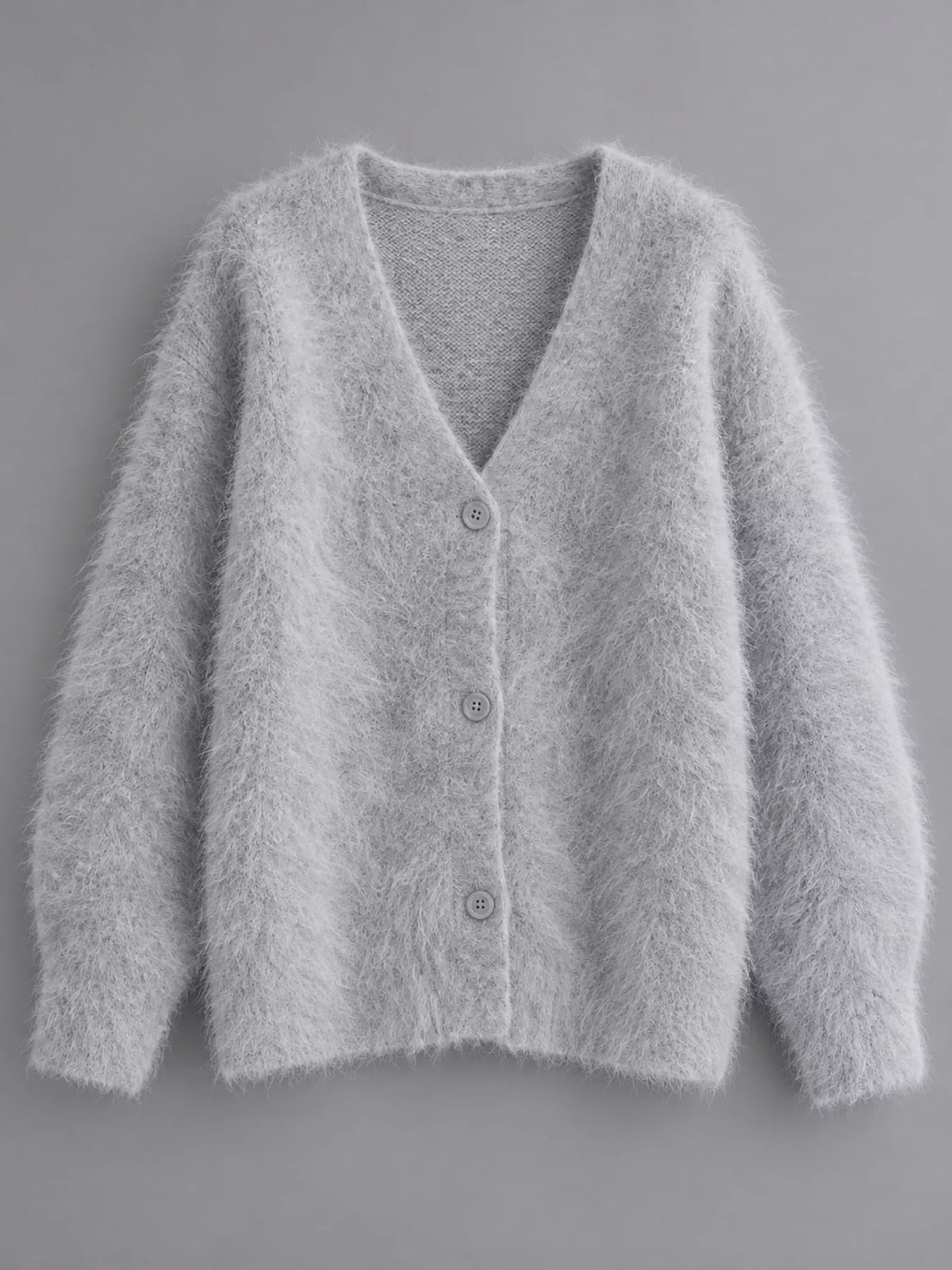Light gray fuzzy v-neck button-down cardigan