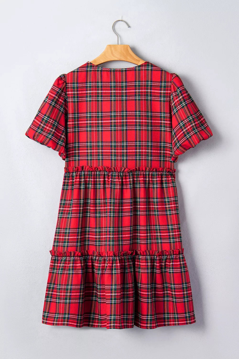 Trendsi Plaid Knot Neck Short Sleeve Mini Shift Dress -