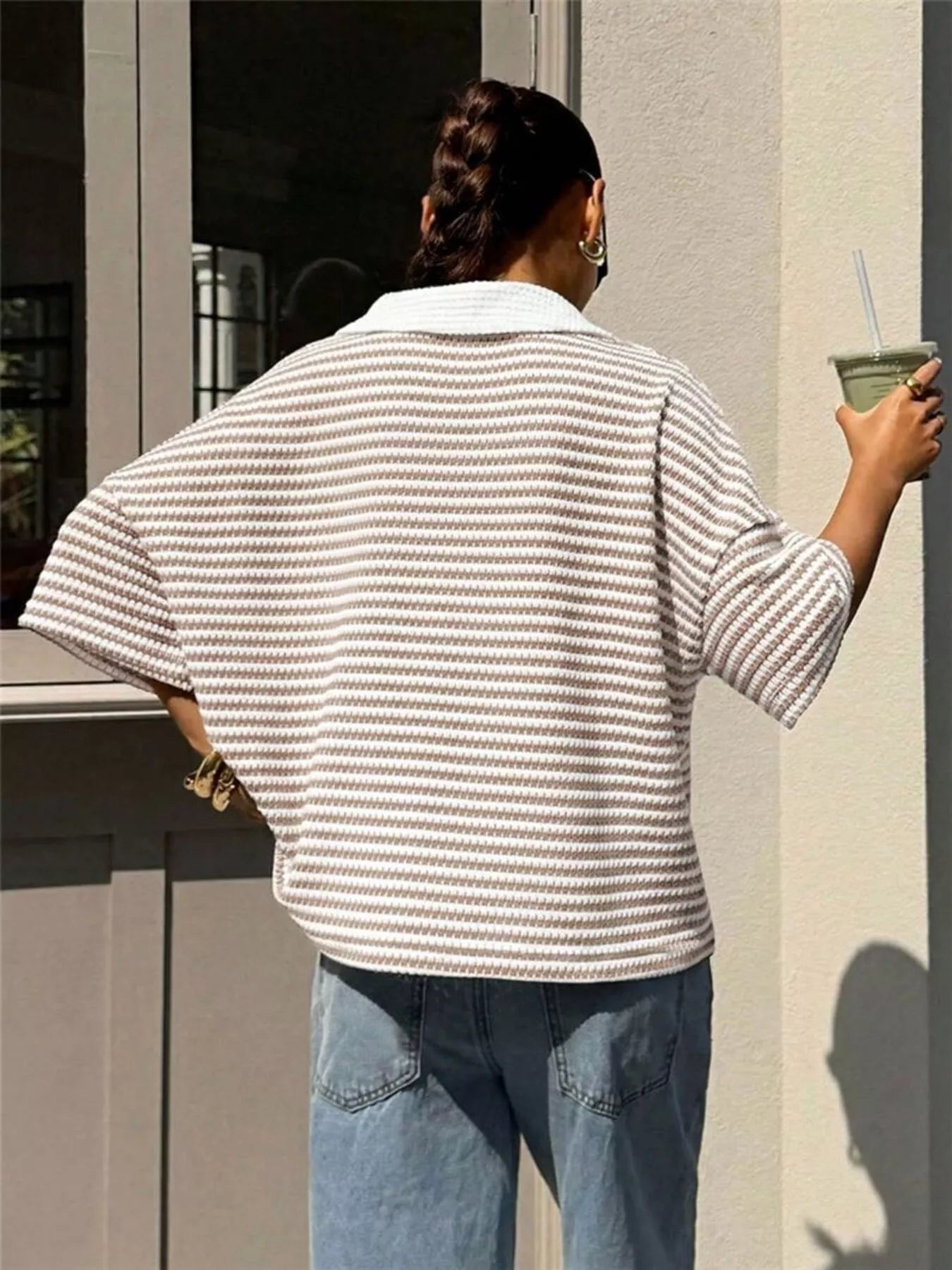 Trendsi Striped Knit 3/4 Sleeve Polo Top -