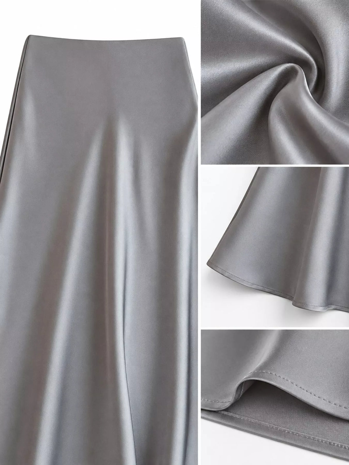Zip-up satin skirt, gray fabric and hem details