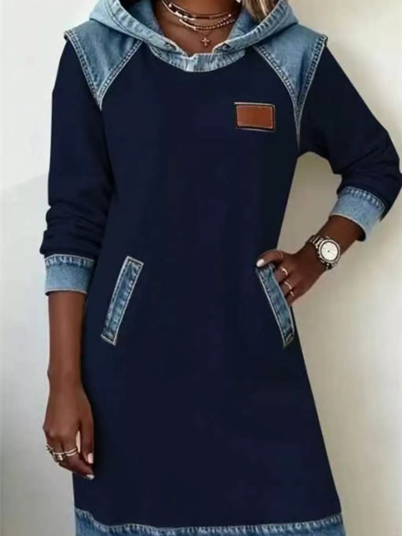 Trendsi Full Size Denim Patchwork Hooded Sweatshirt Dress Plus Size -