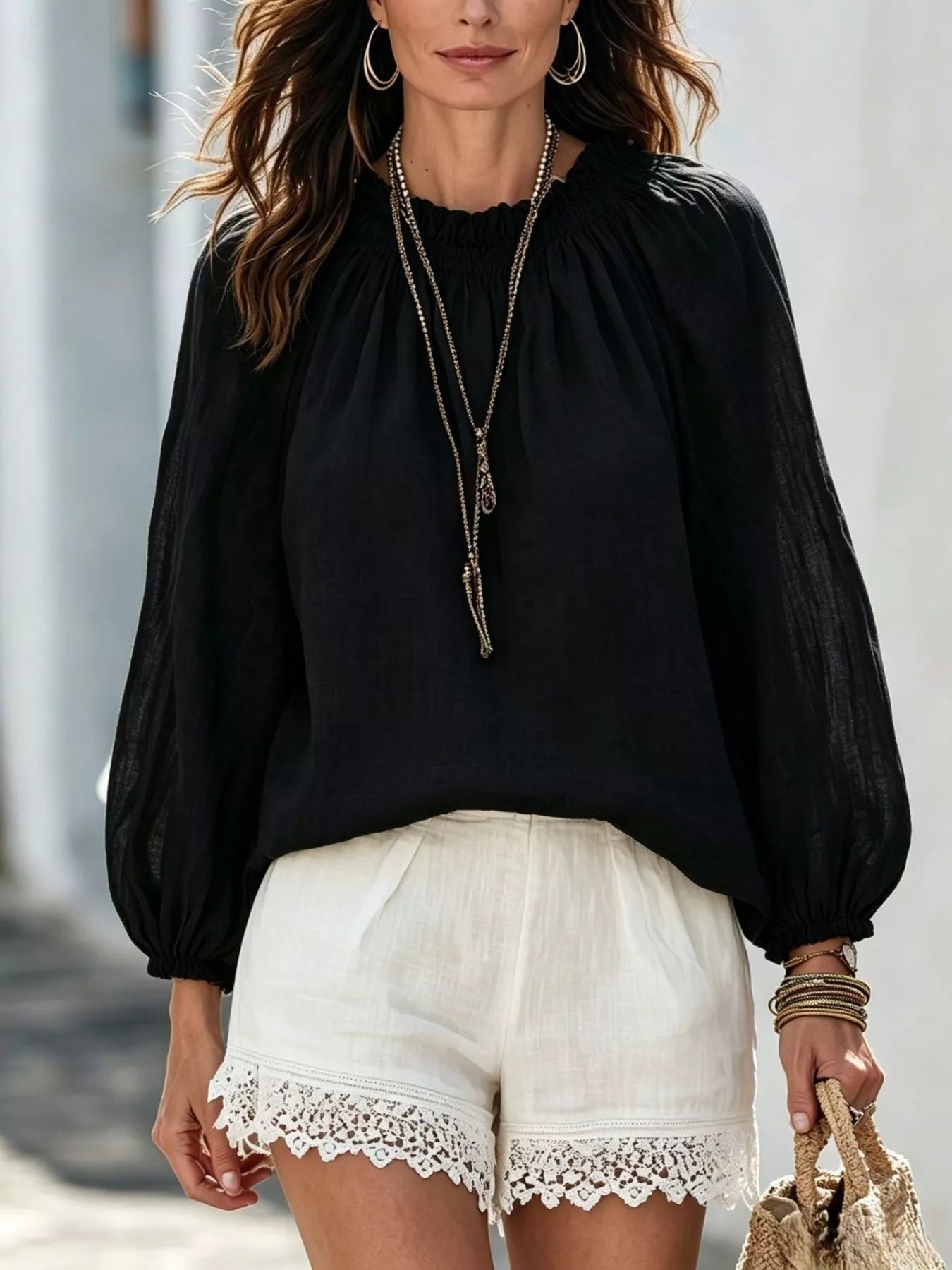 Trendsi Round Neck Balloon Sleeve Blouse -