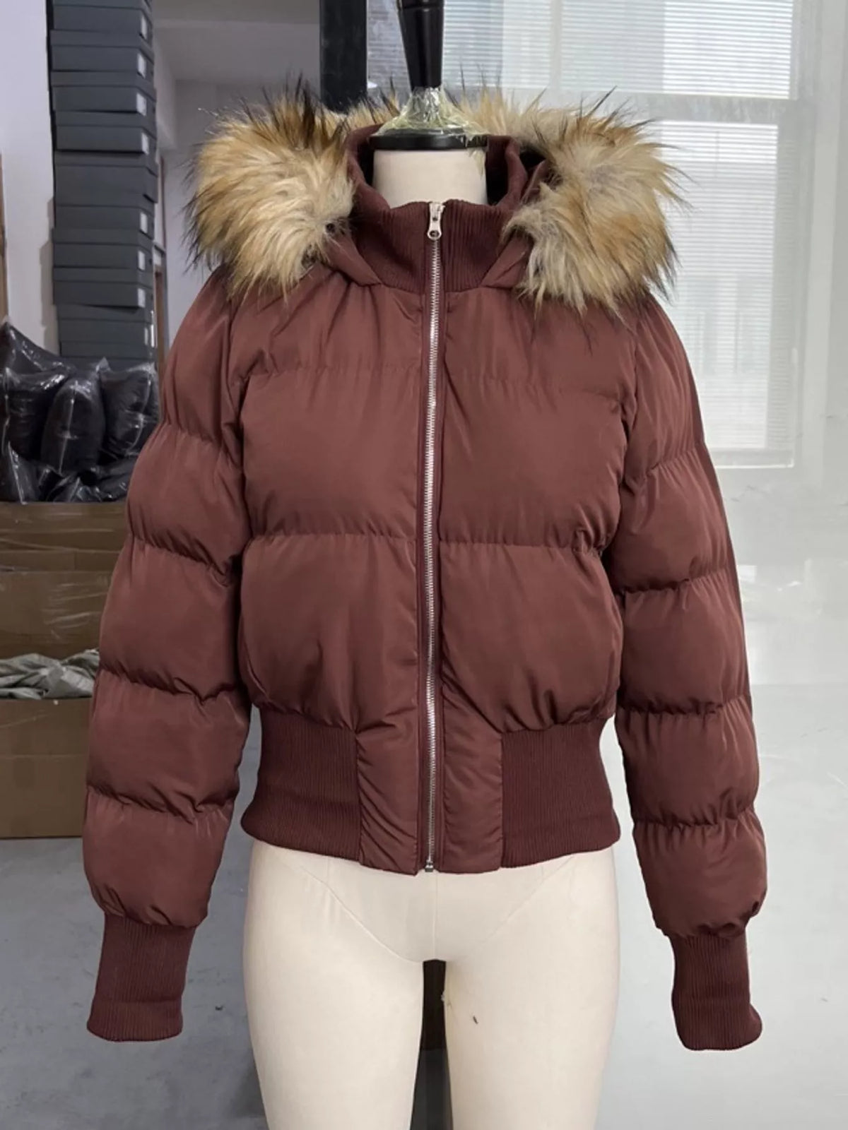 Faux Fur Hooded Puffer Jacket — garment front