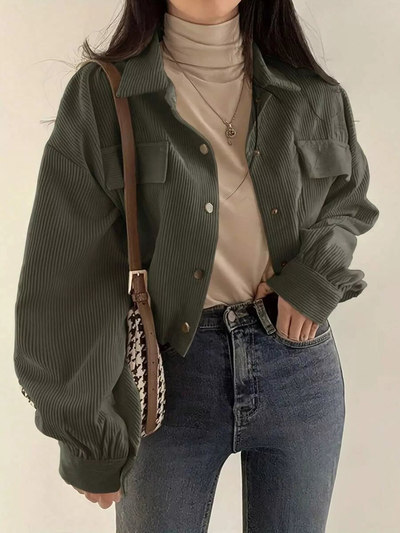 Trendsi Corduroy Snap Down Cropped Jacket -
