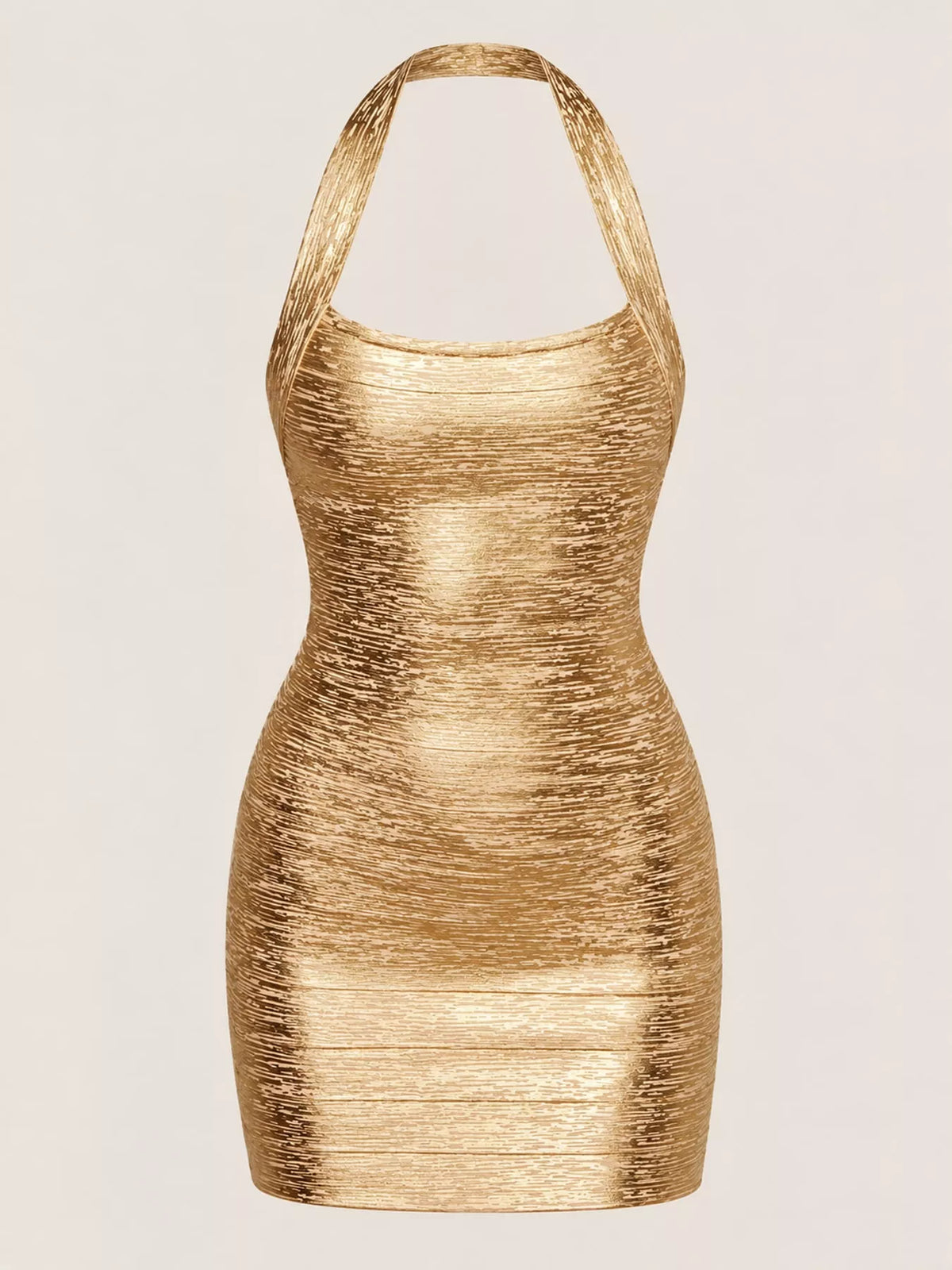 Gold halter neck bodycon dress, front view