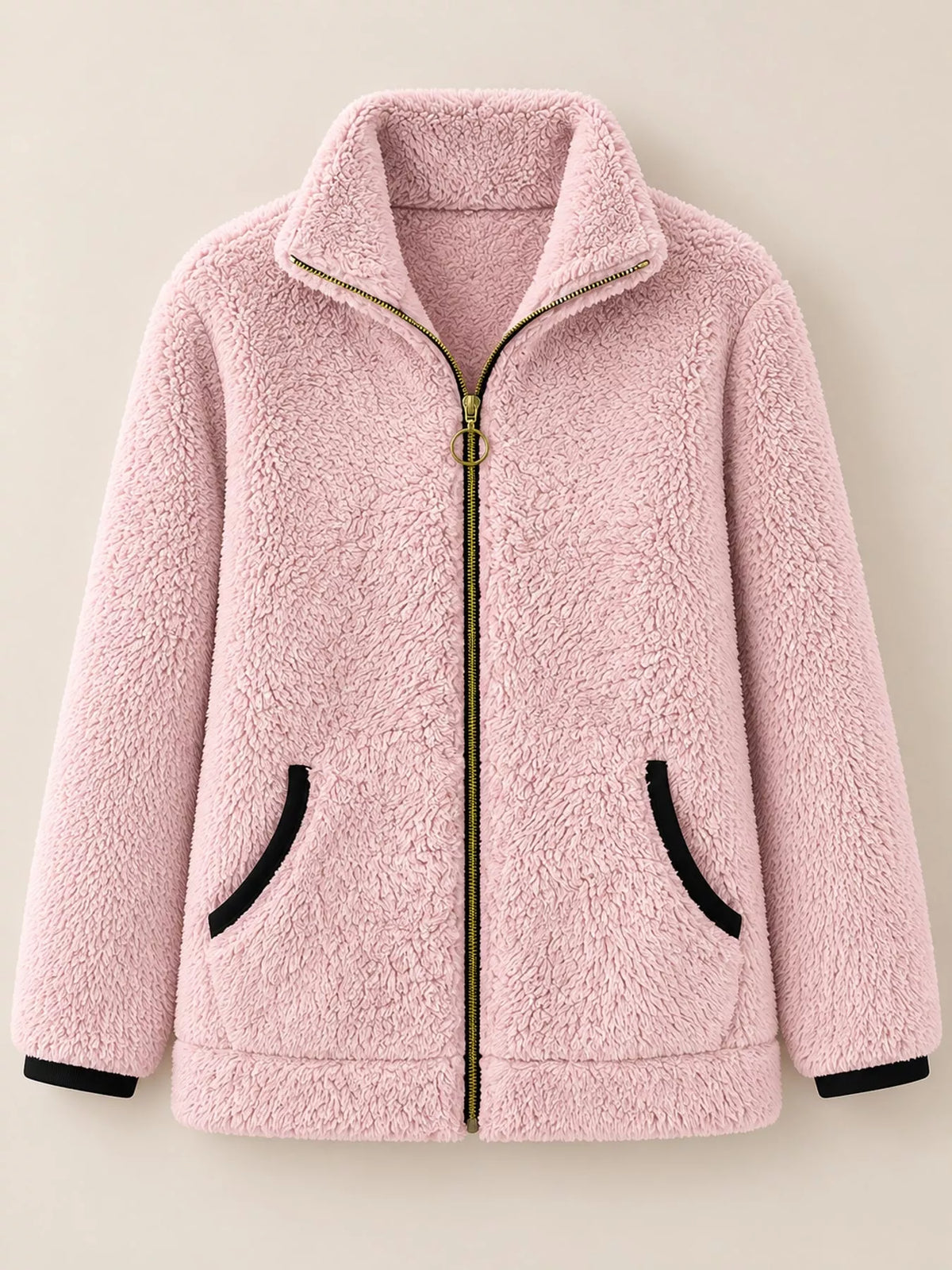 Contrast-trim fleece jacket, pink hanging front