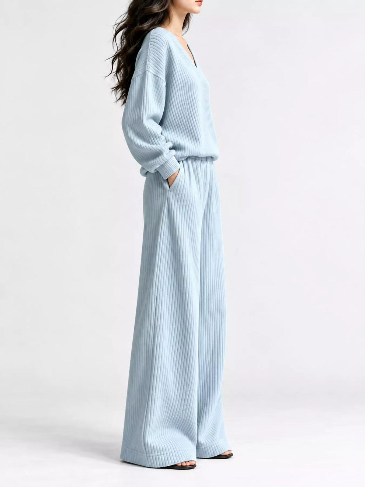 Light blue corduroy v-neck top and pants set — side view