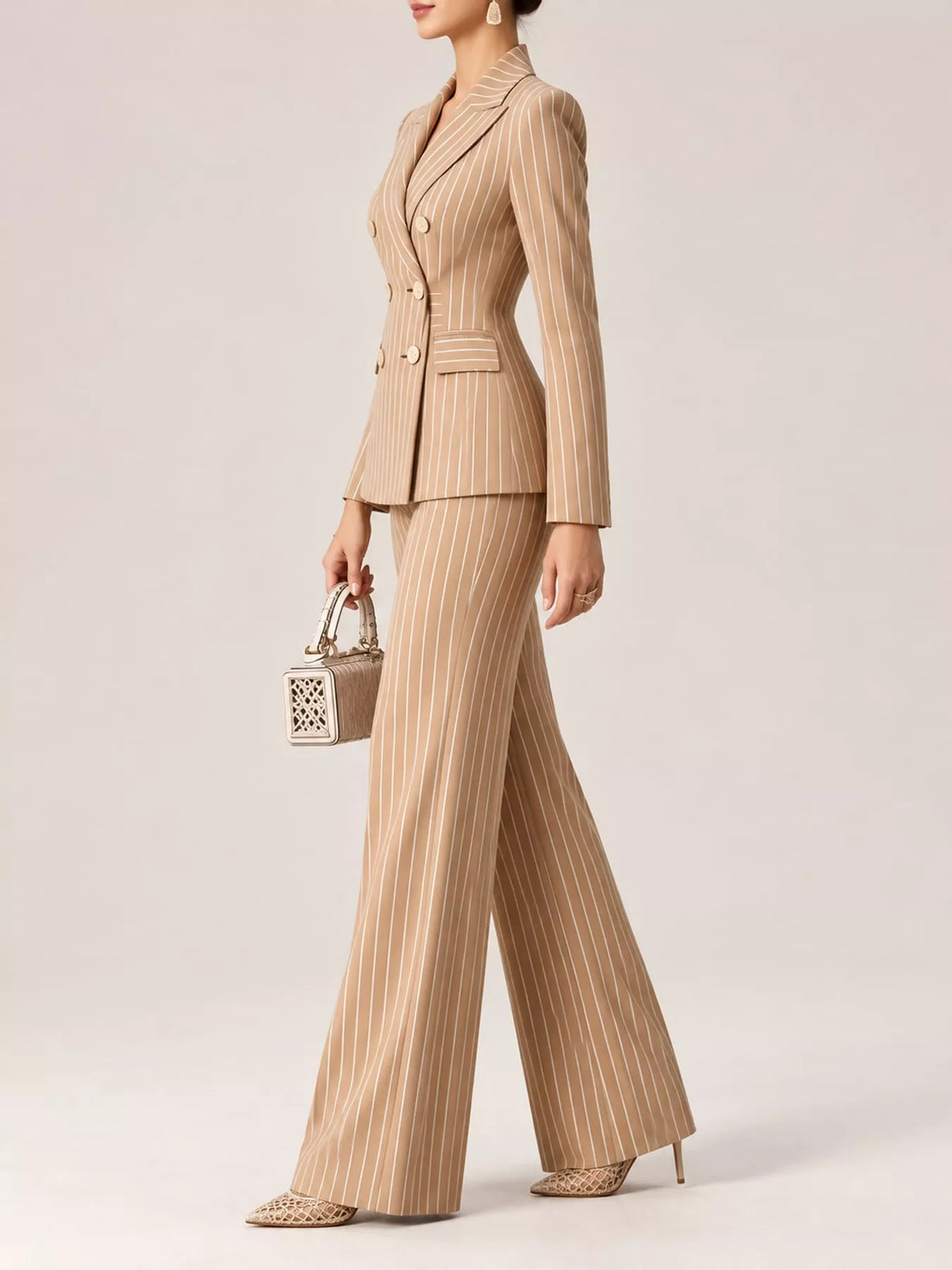 Pinstripe pantsuit, tan suit side