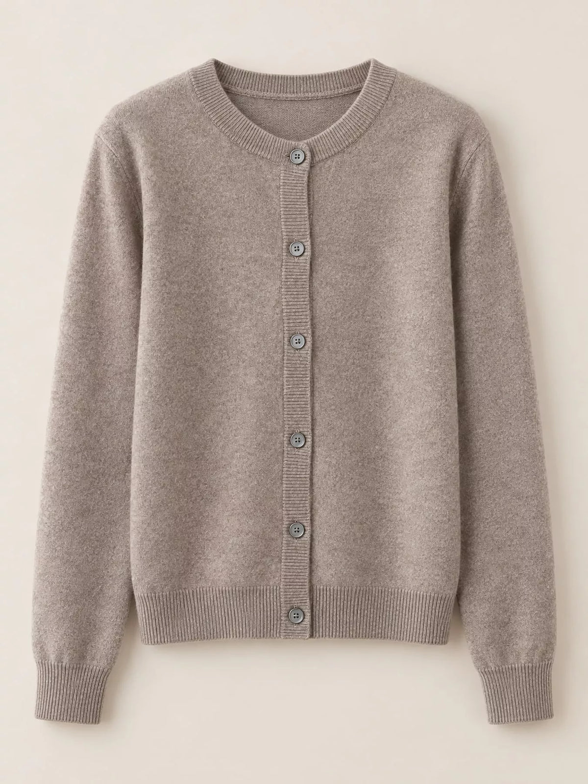 Women's Crew Neck Button-Down Knit Cardigan in taupe — flat lay view