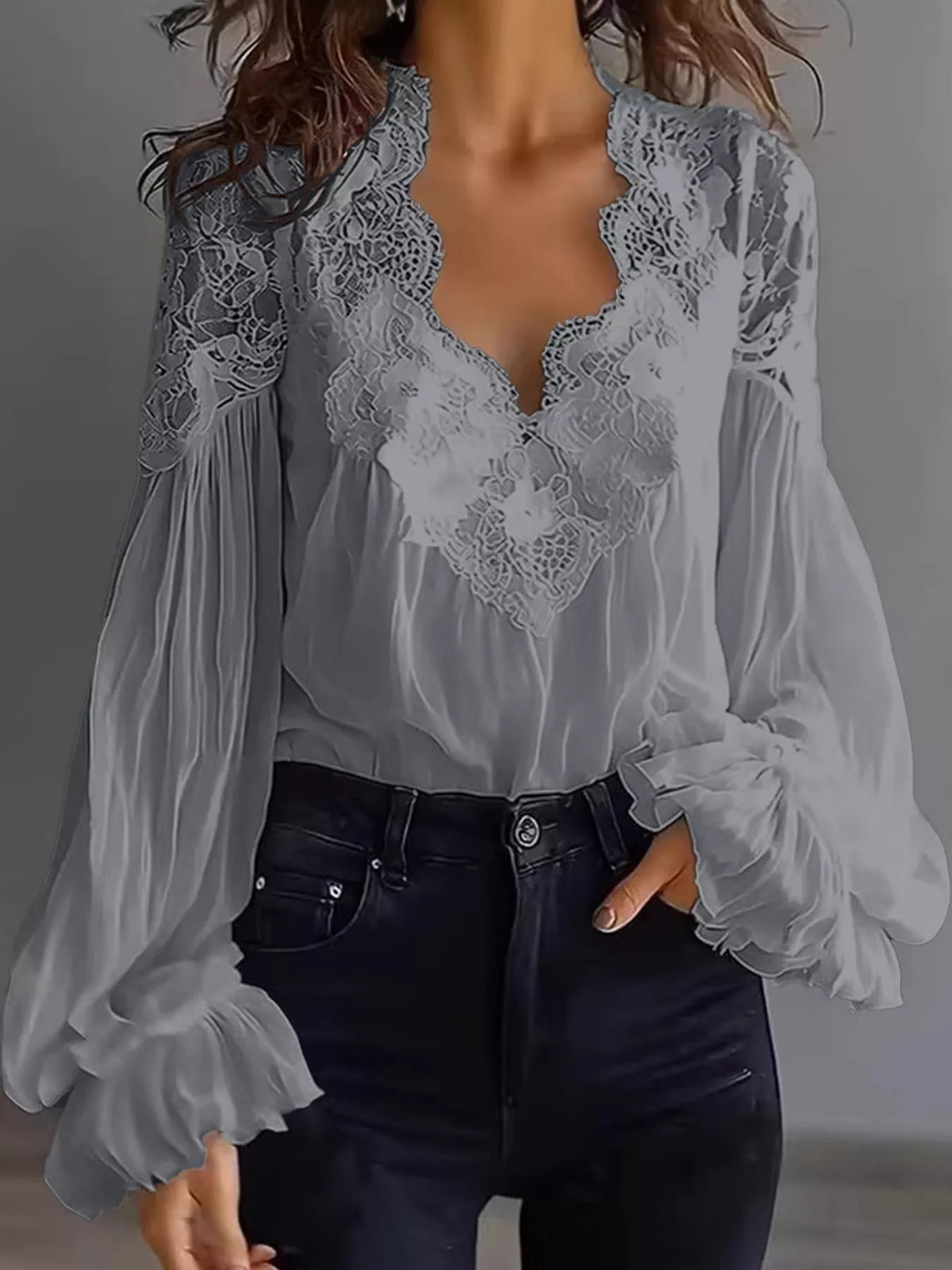 Gray lace V-neck flounce sleeve blouse