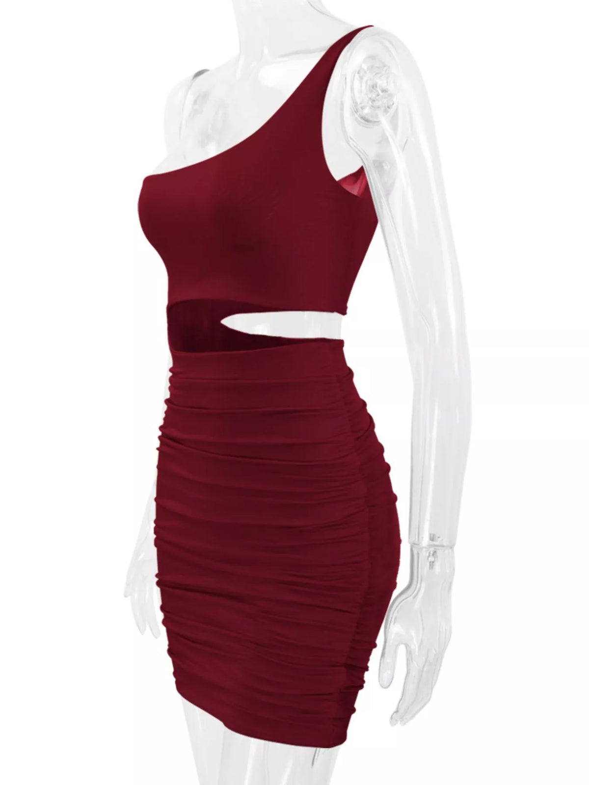 One-shoulder cutout dress, burgundy mannequin side