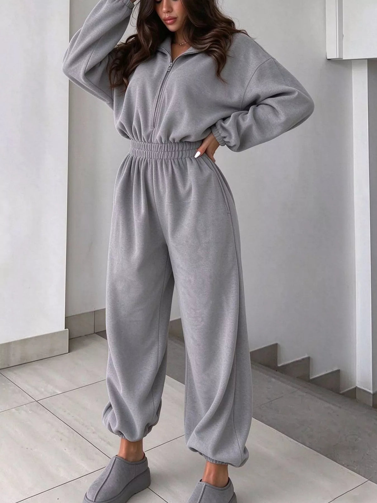 Zip Front Long Sleeve Jumpsuit — front view