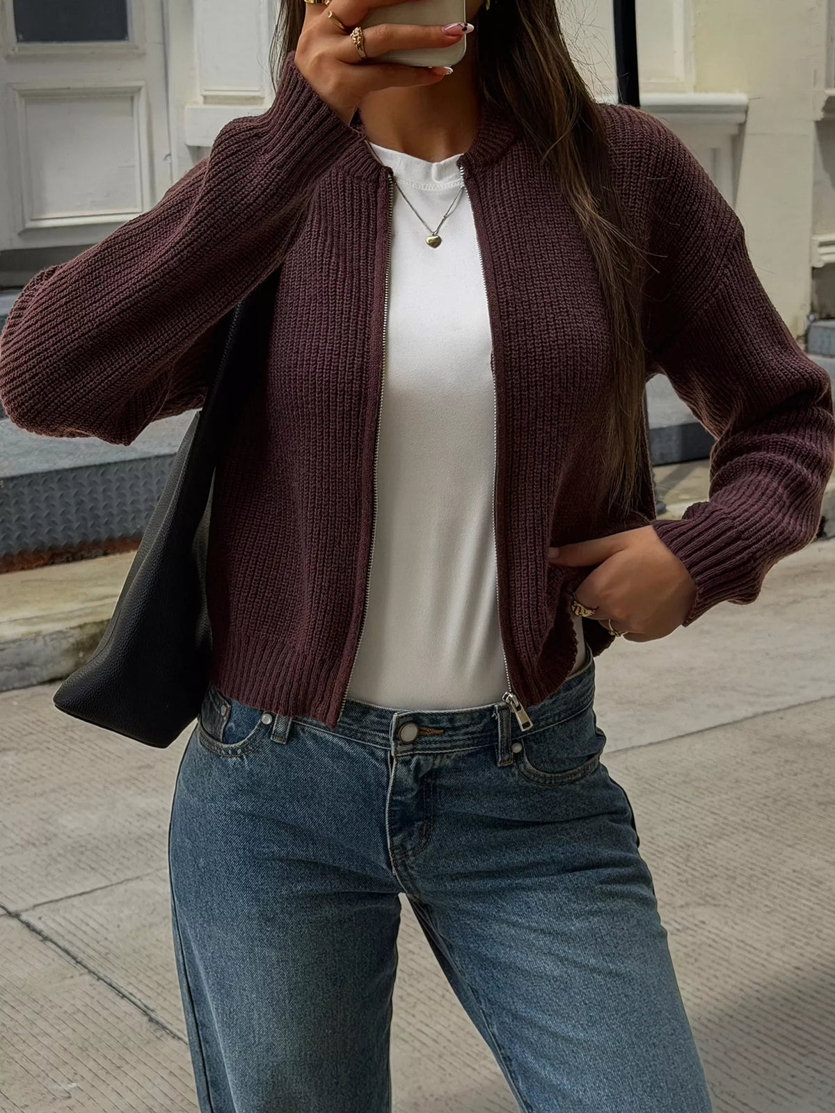 Ribbed Knit Zip-Up Bomber Cardigan, front view