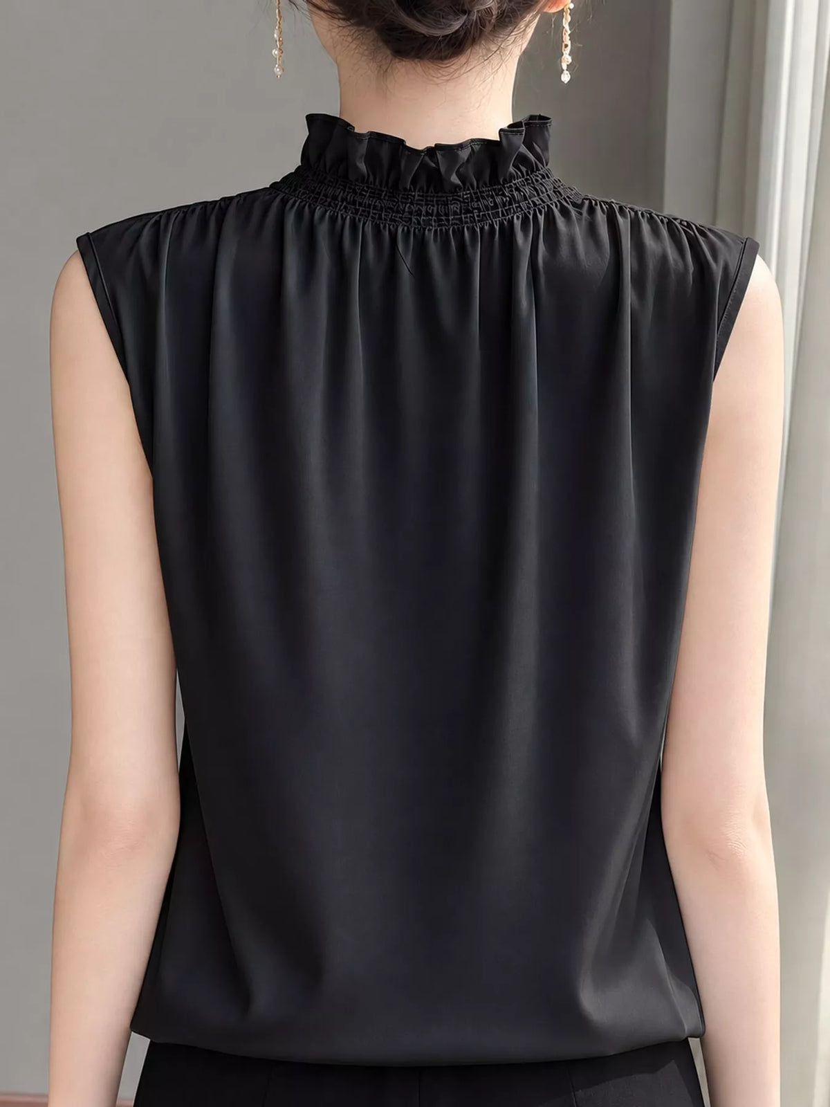 Sleeveless Ruffled V-Neck Satin Shirt — back view