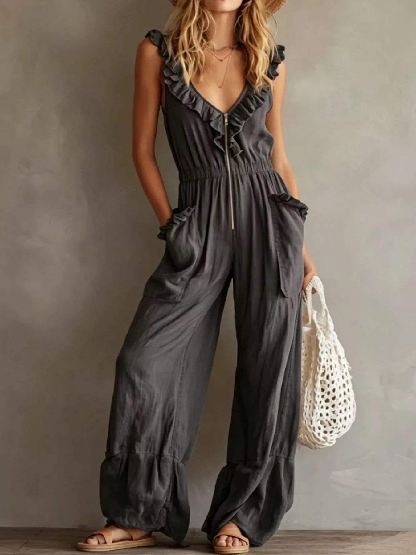 Trendsi Ruffled V-Neck Wide Leg Jumpsuit -