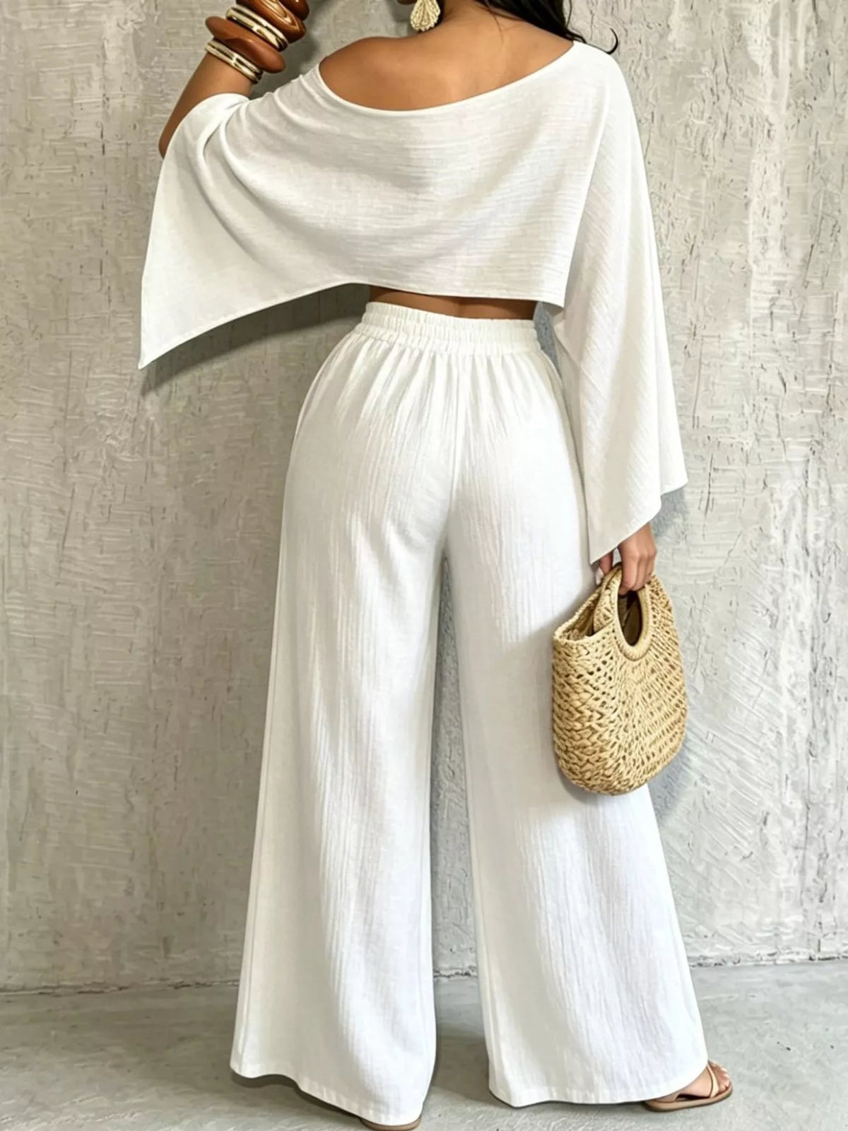 Women's Boat Neck Crop Top and Wide-Leg Pants Set in white — front view
