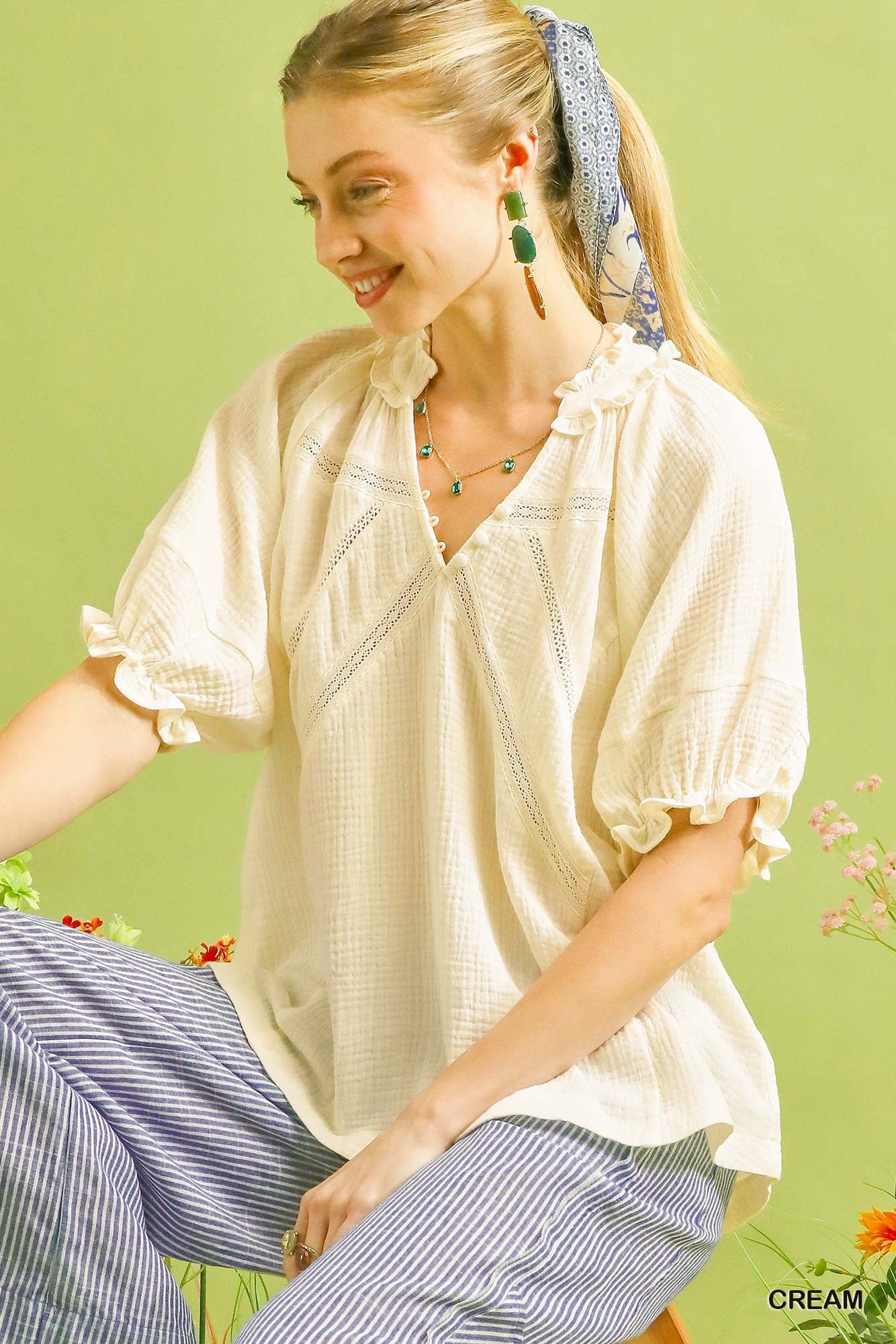 Women's Cotton Gauze V-Neck Ruffle Blouse With Lace Trim — product view 7